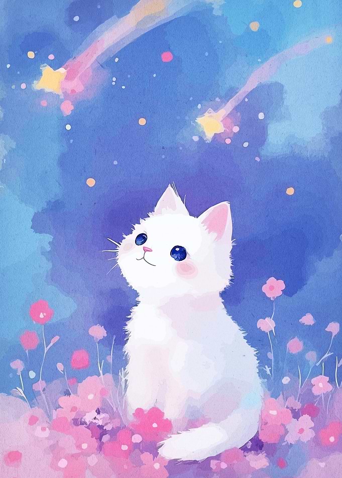 Cute Cat Gazing at Shooting Stars