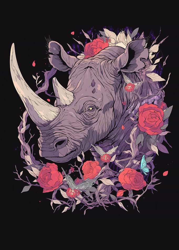 Floral Rhino Illustration on Black Background