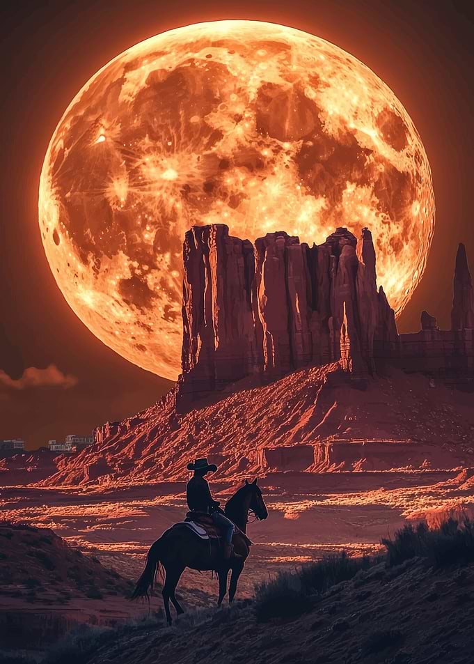 Western landscape with cowboy and moon
