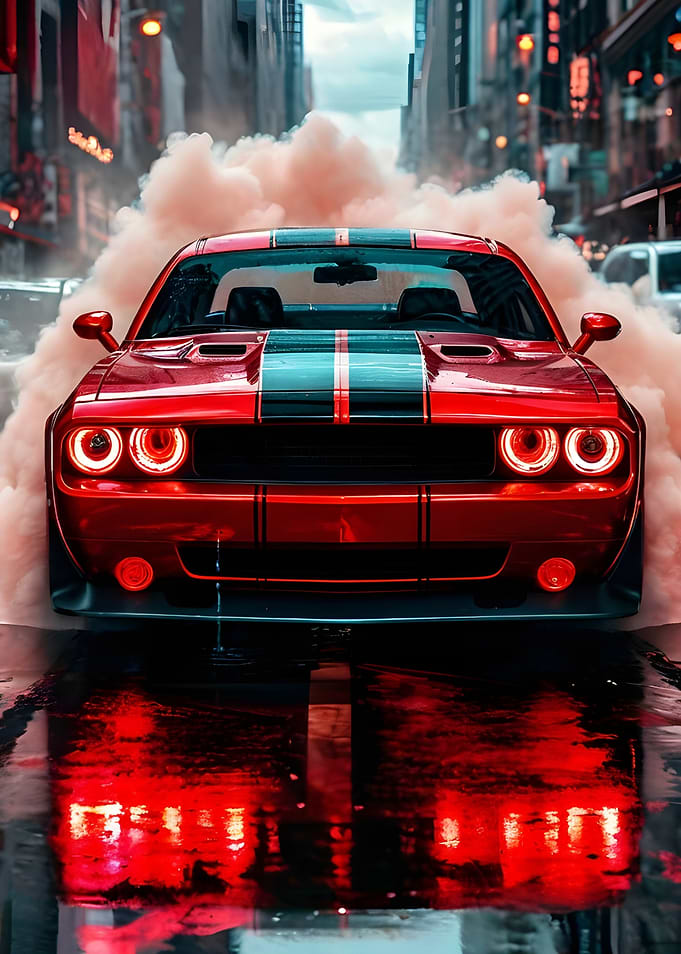 Red Challenger burnout in city street