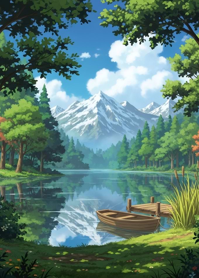 Anime forest wooden boat with calm Lake and snowy Mountains - Landscape