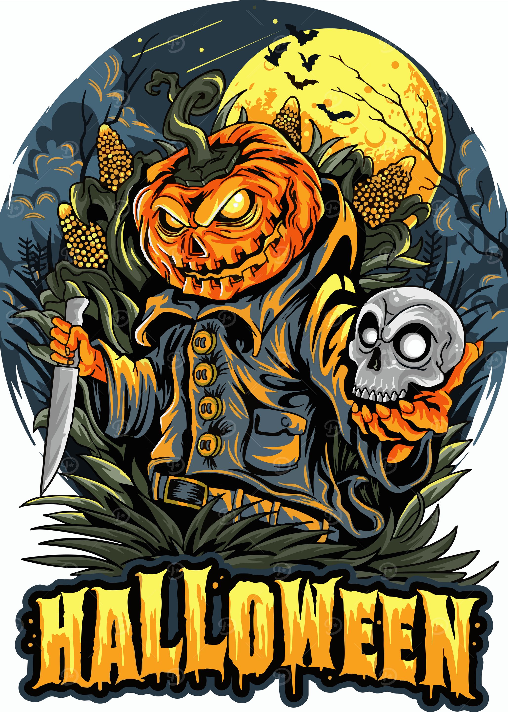 Halloween Pumpkin Character with Skull and Knife