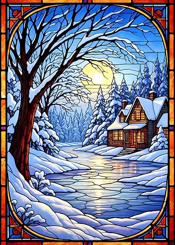 Winter Cabin Stained Glass Landscape