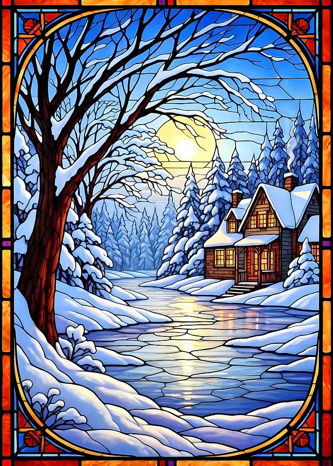 Winter Cabin Stained Glass Landscape