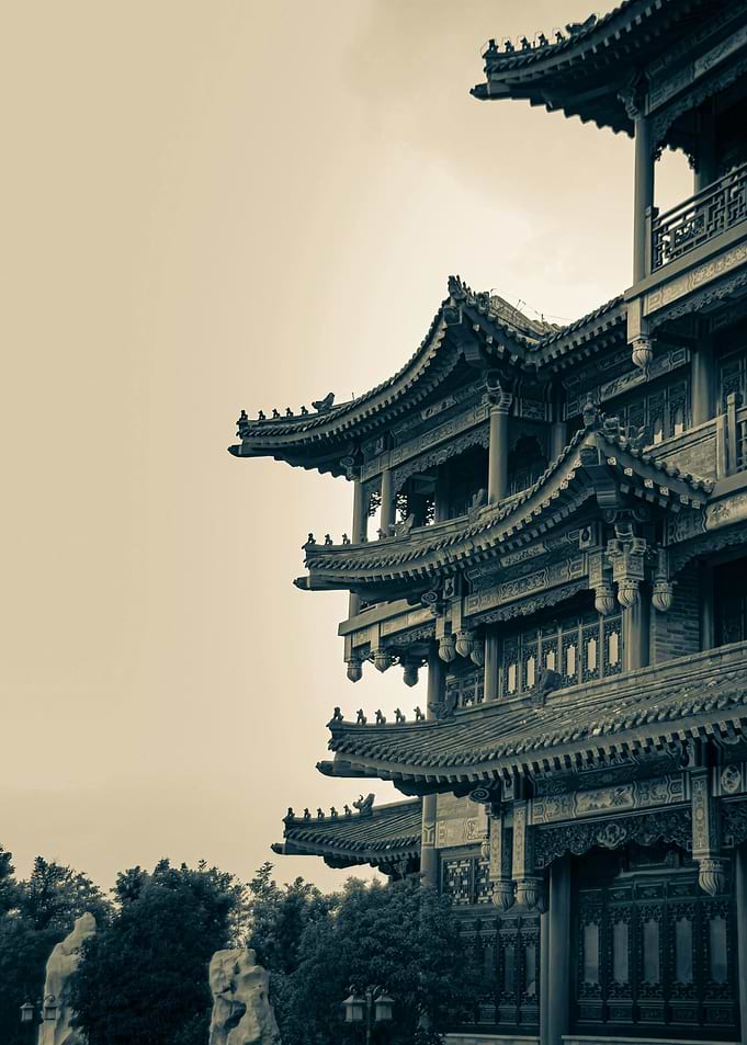 Sepia-toned Asian Pagoda Architecture