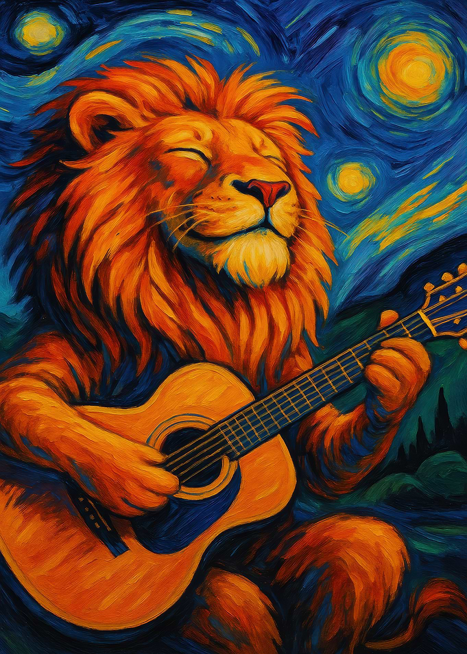 Lion playing guitar in starry night