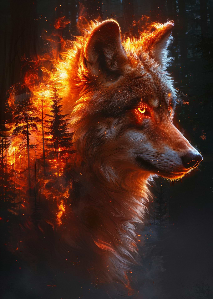 Fiery Wolf Portrait in Forest