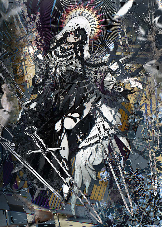 Monochrome hooded figure with swords