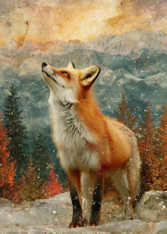 Fox in Winter Mountain Landscape