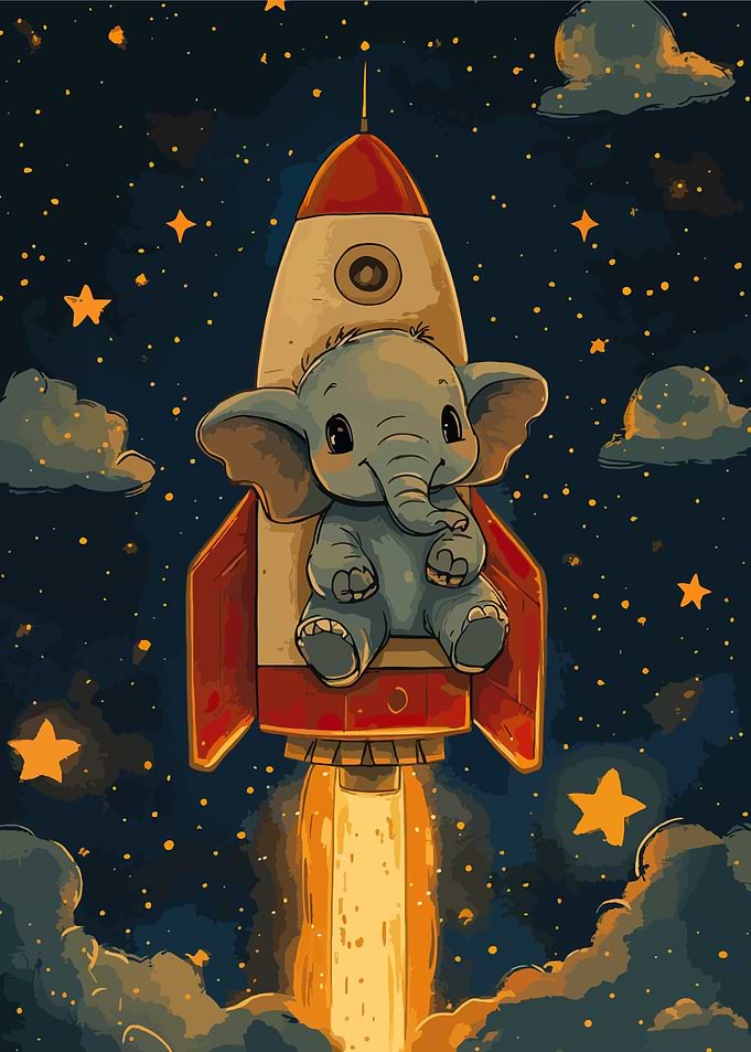 Elephant Astronaut on Rocket in Space