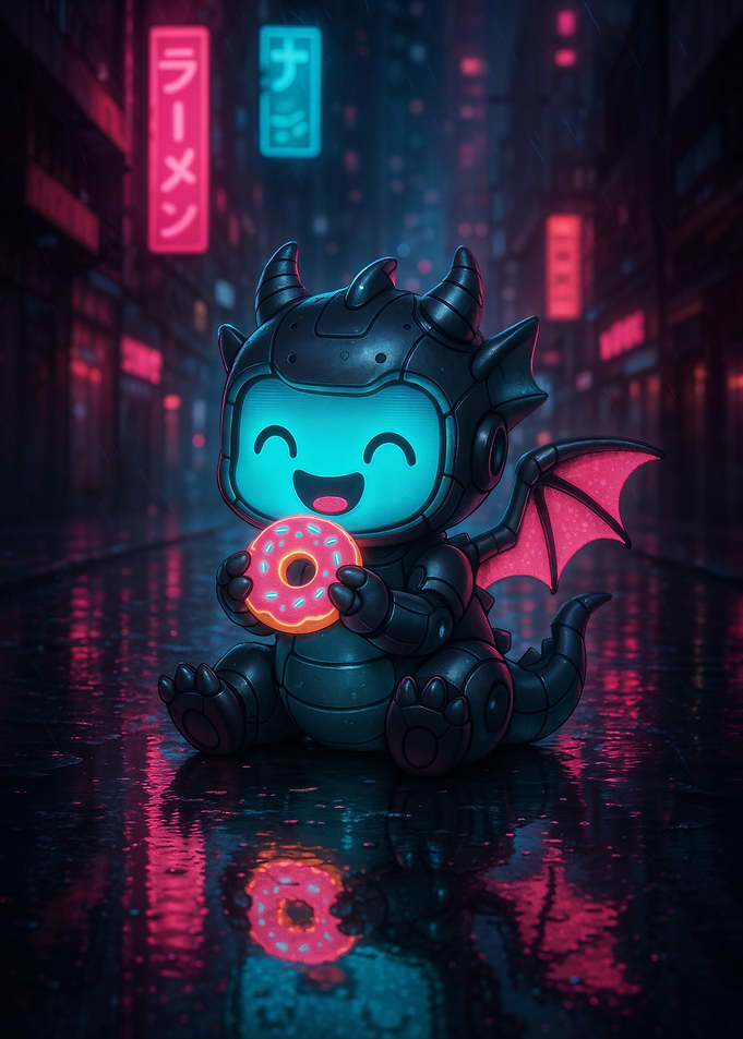 Cute Cyberpunk Dragon Eating a Neon Donut