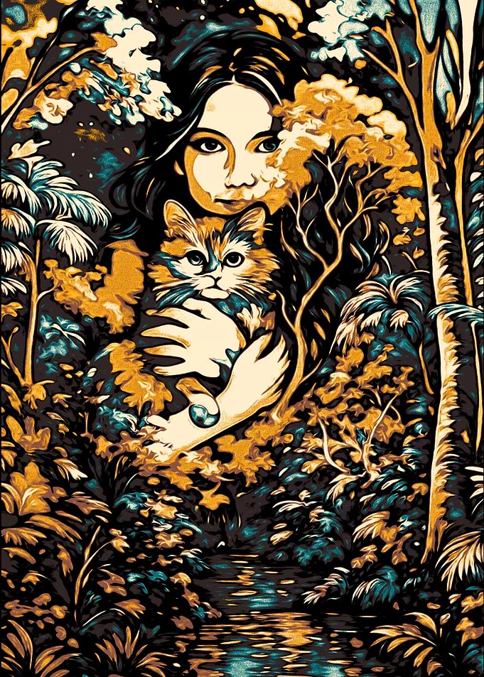 Woman holding cat in forest art
