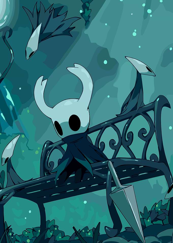 Hollow Knight on a bench