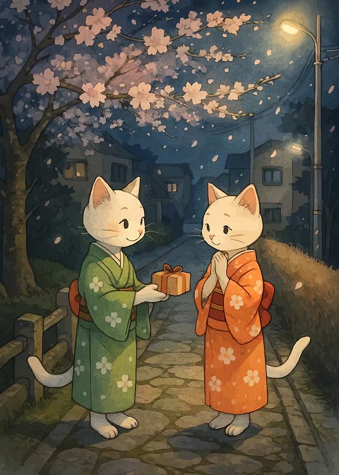 Cats in Kimonos Exchanging a Gift