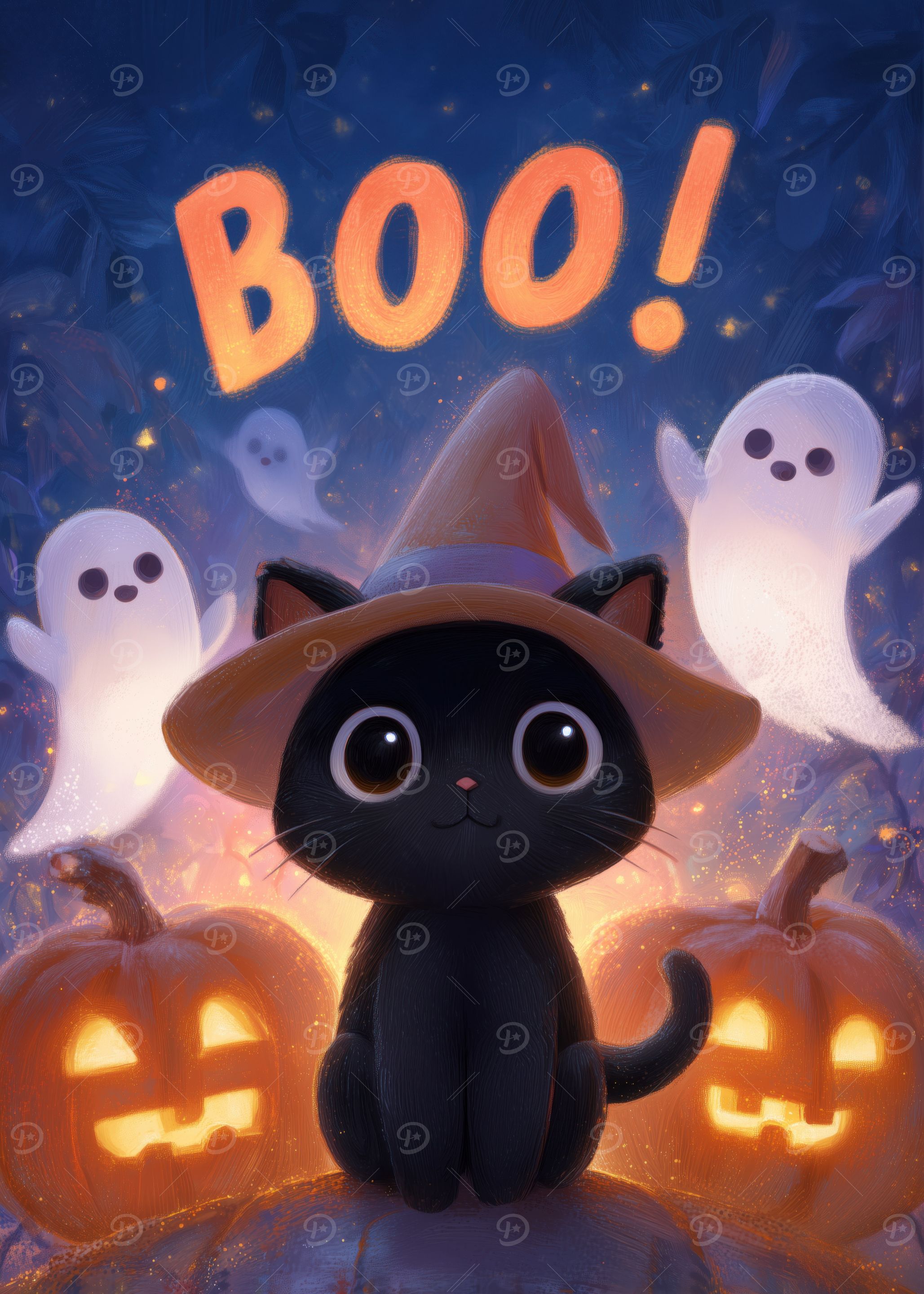 Cute Halloween Cat with Pumpkins and Ghosts