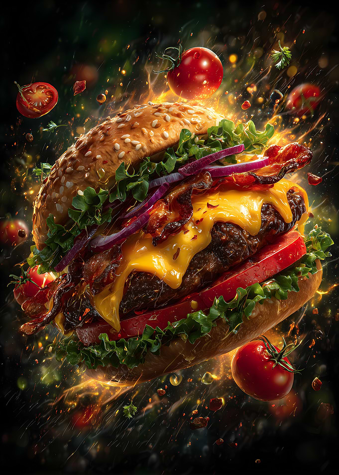Delicious Burger with Flying Ingredients