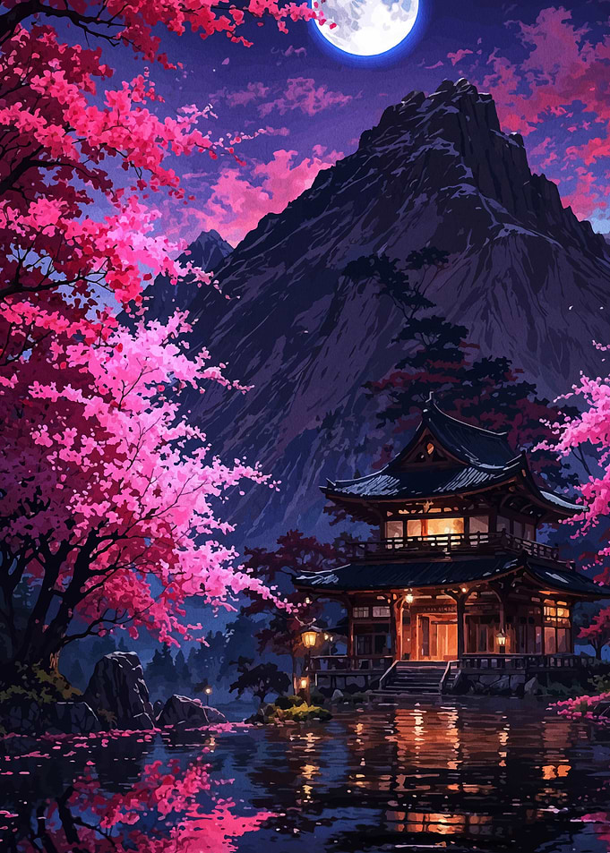 Japanese Temple with Cherry Blossoms