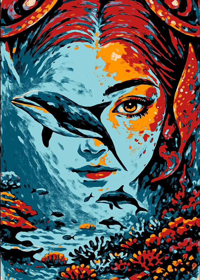 Underwater Woman with Dolphin Art