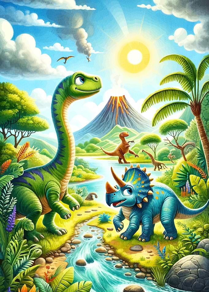 Cartoon Dinosaurs Lush Landscape