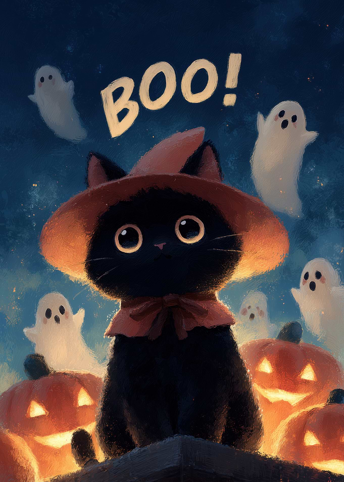 Halloween Cat with Ghosts and Pumpkins