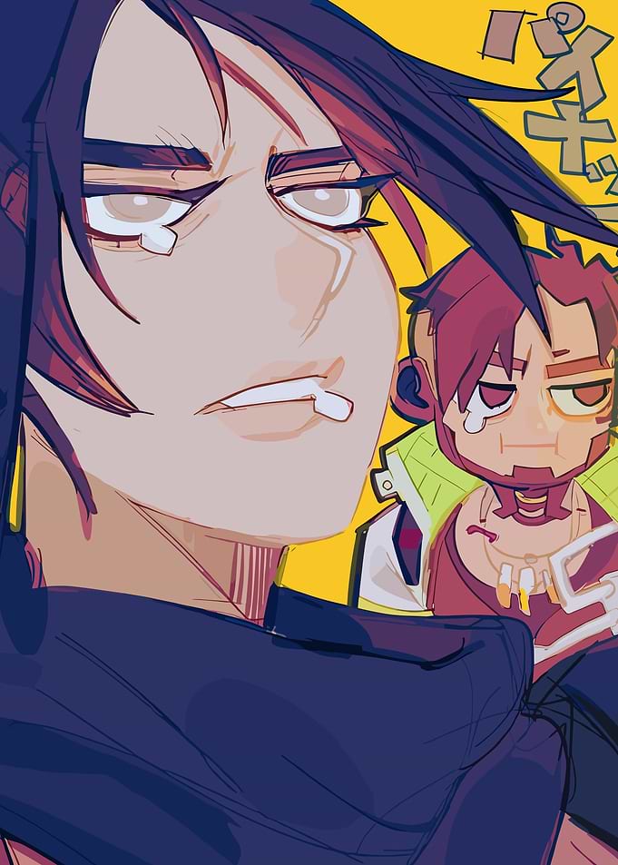 Anime characters with yellow background