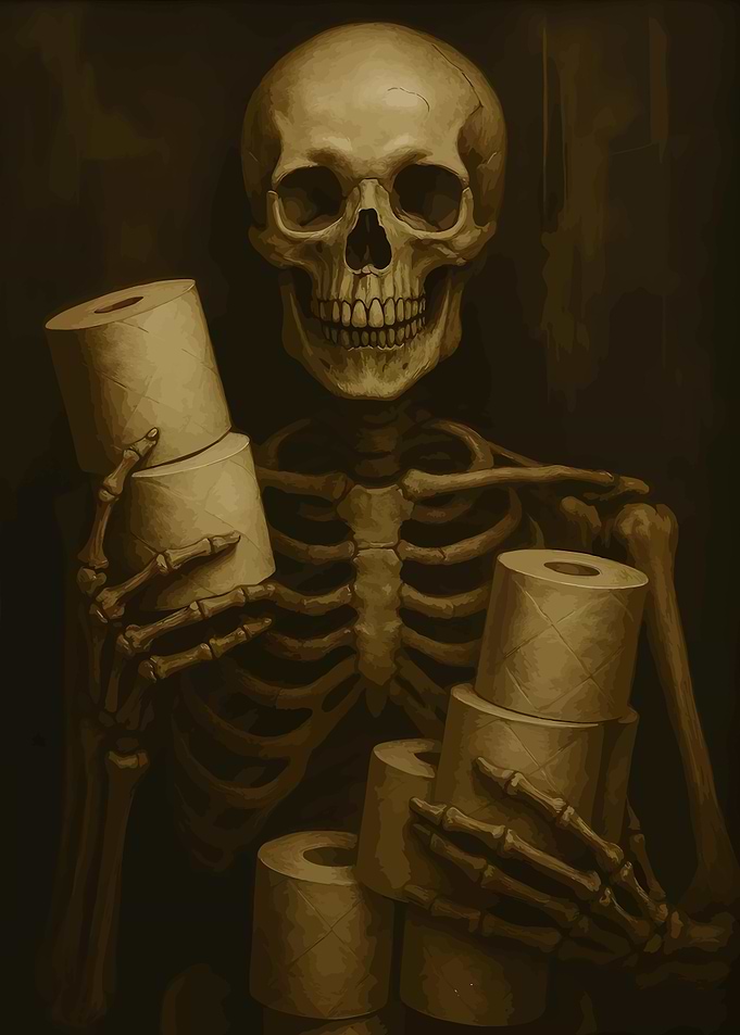 Skeleton hoarding toilet paper rolls
