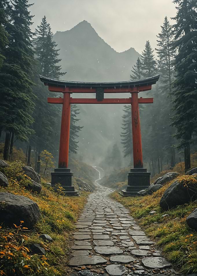 Torii Gate in Misty Forest Landscape