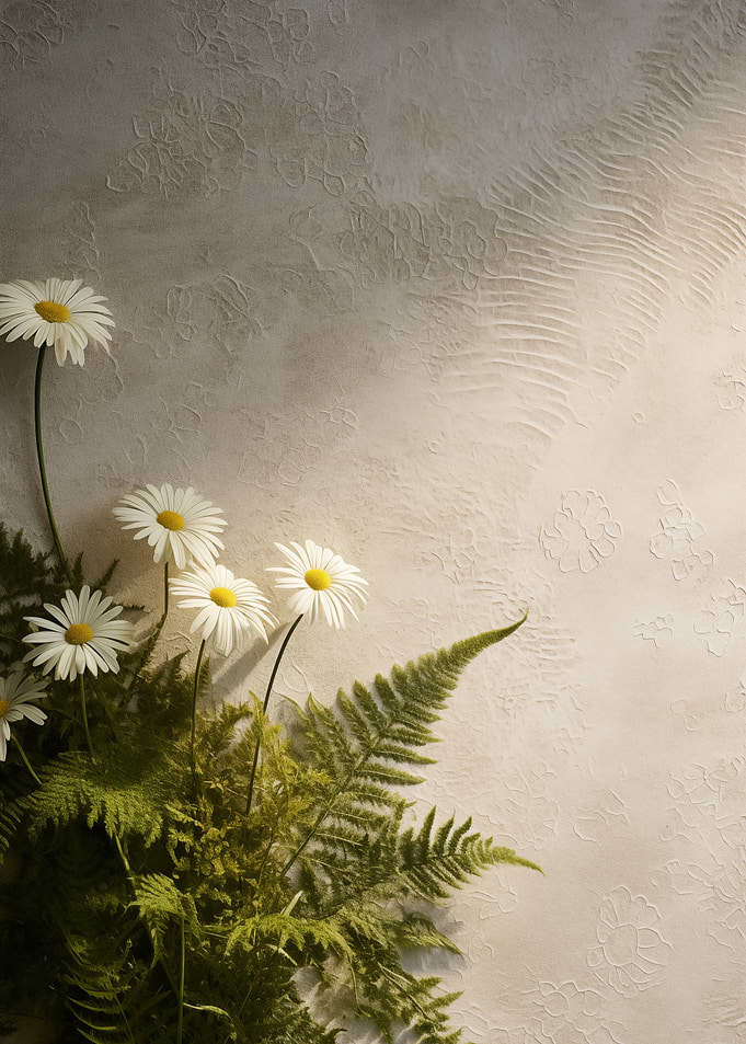 Daisies and Ferns on Textured Background