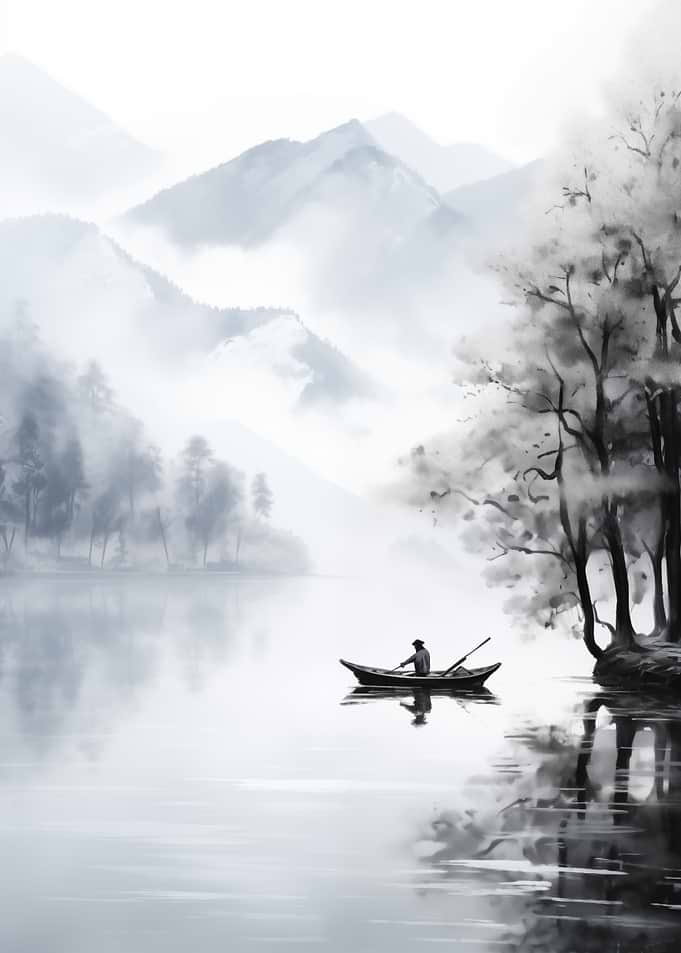 Monochrome Lake Scene with Boat