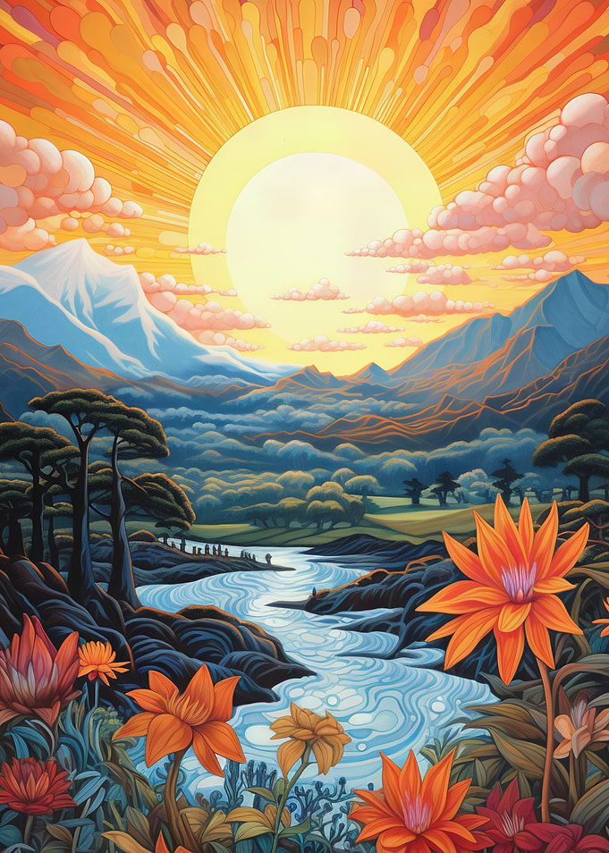 Vibrant Landscape with River and Flowers