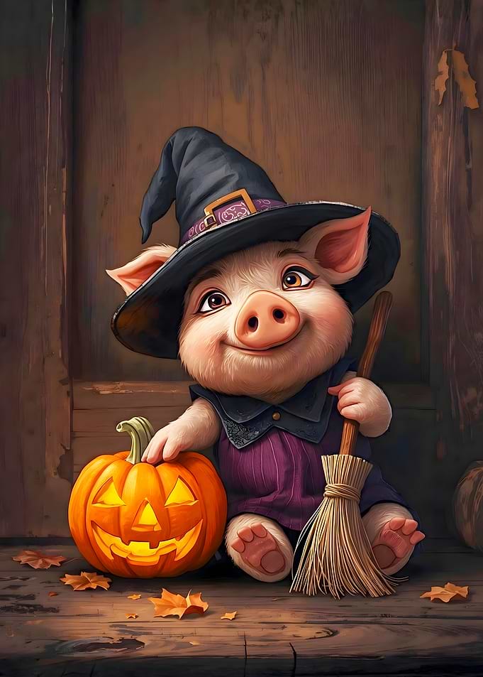 Cute Pig Witch with Pumpkin Halloween Pig