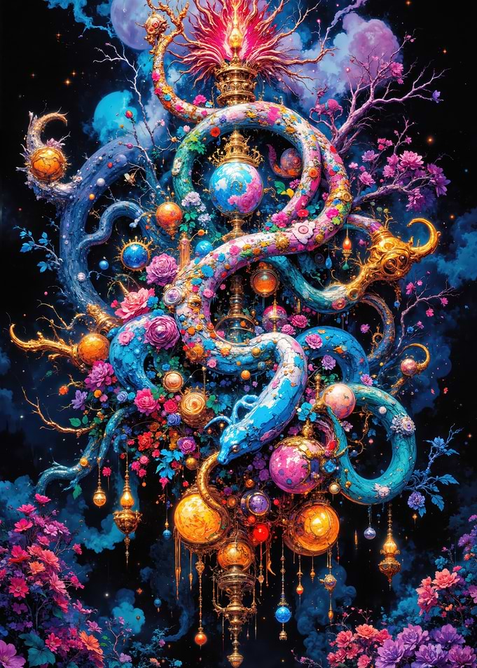 Ornate Celestial Serpent with Floral Accents