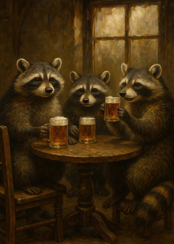 Raccoons Drinking Beer at a Table