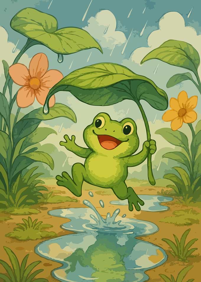 Happy Frog in the Rain Illustration