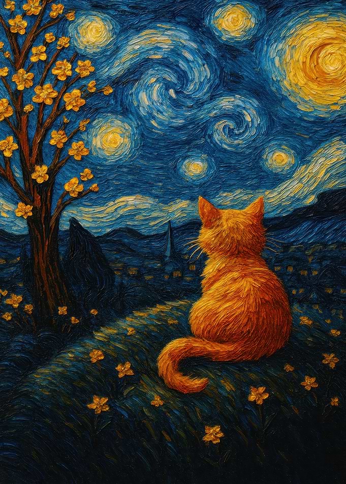 Cat under Starry Night Sky Painting