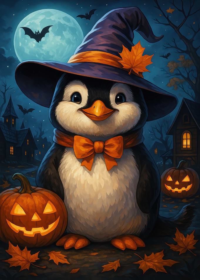 Halloween Penguin with Witch Hat