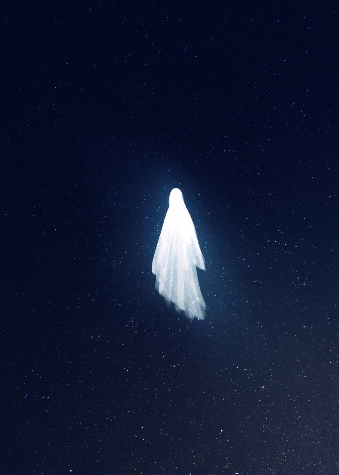 Ghostly Figure in Starry Night Sky