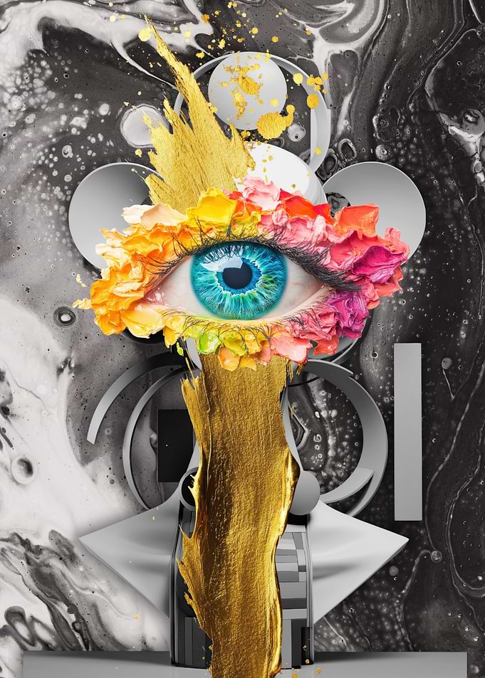 Surreal Eye with Floral and Gold Accents