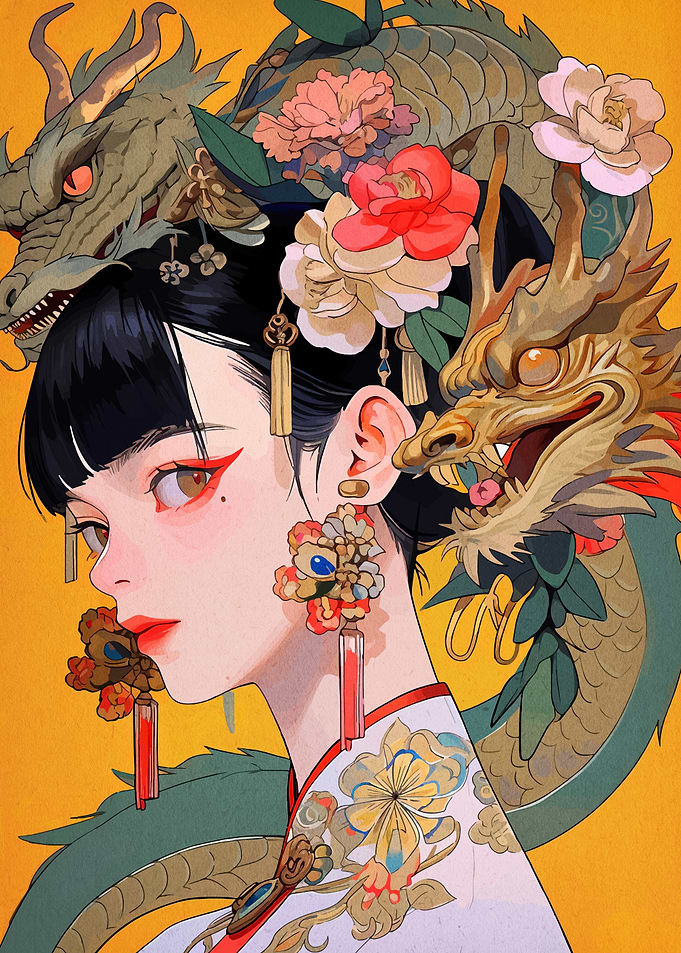 Asian Woman with Dragons and Flowers