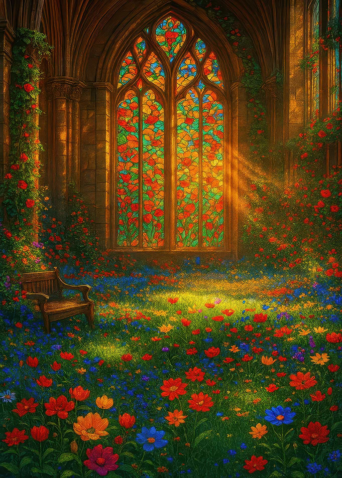 Floral Stained Glass Window with Bench