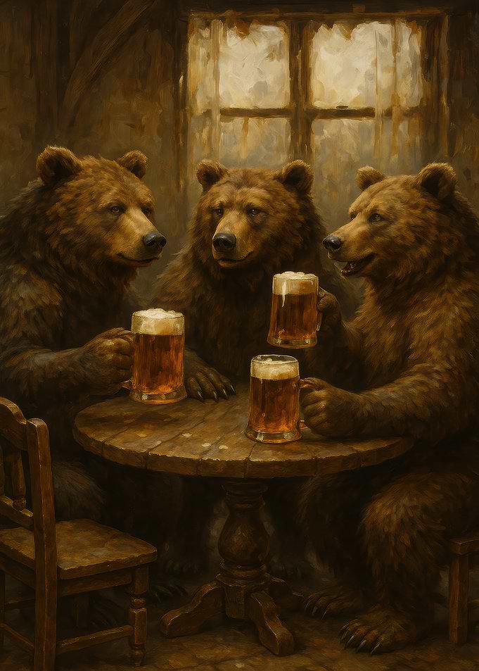 Bears Drinking Beer at a Table