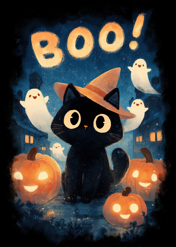 Halloween Cat with Ghosts and Pumpkins