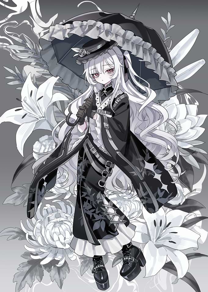 Anime Girl with Umbrella and Flowers