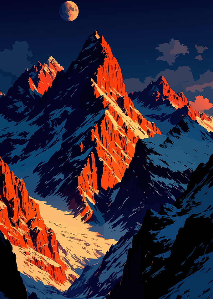 Snowy Mountains at Sunset with Moon