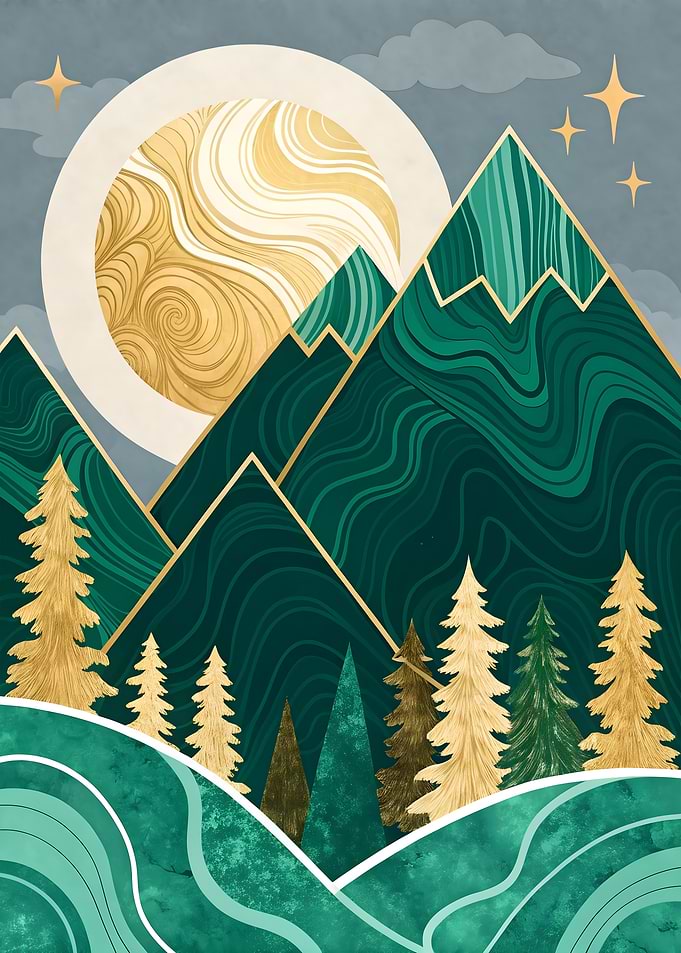 Emerald Mountain Forest Art Print Golden Sunrise Scene
