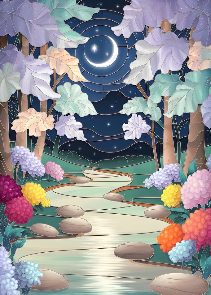 Stained Glass Art : A Moonlit River Path Illuminated by Stars