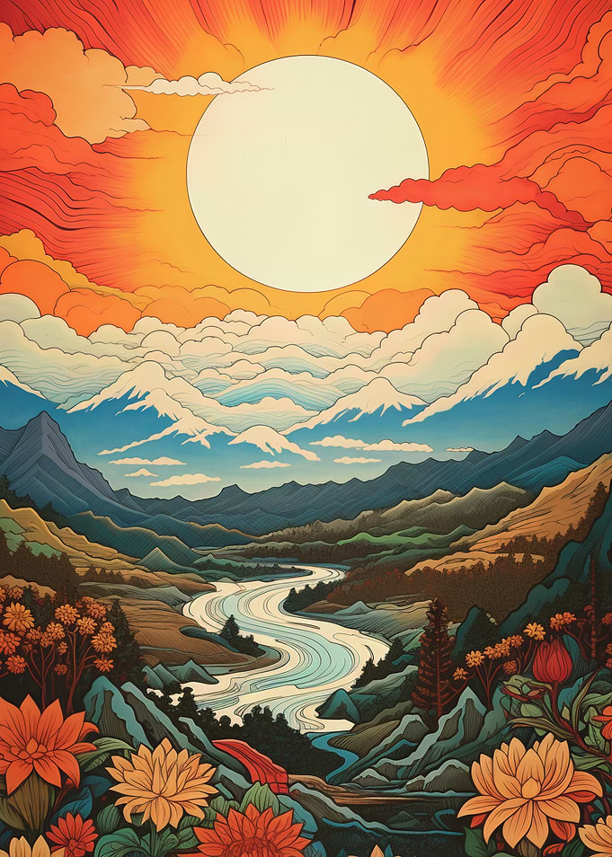 Floral Valley Landscape with River and Sun