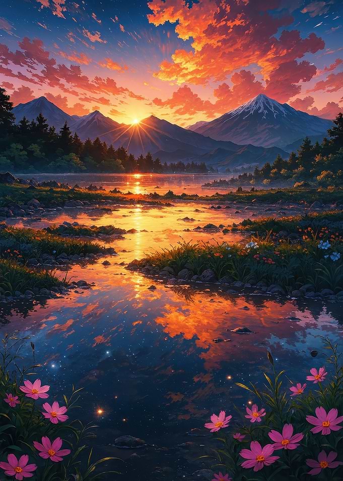 Sunset Mountain Lake with Flowers