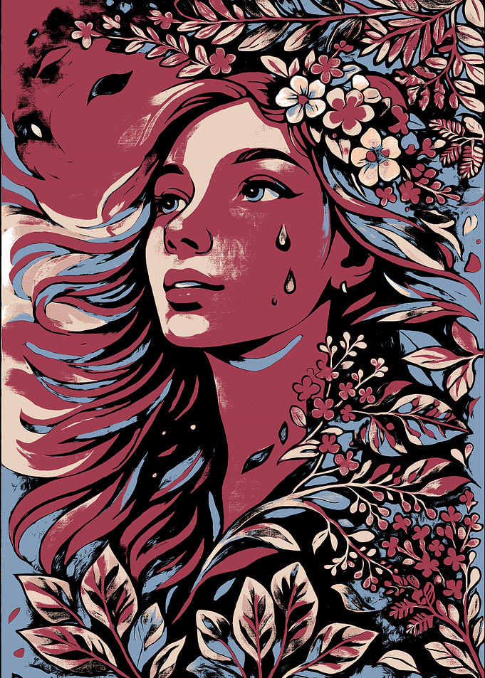 Floral Woman Portrait with Tears