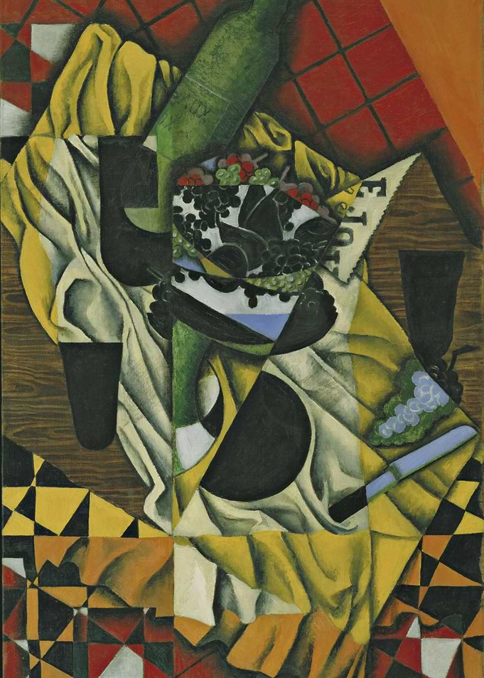 Cubist Still Life with Bottle and Fruit, juan gris painting
